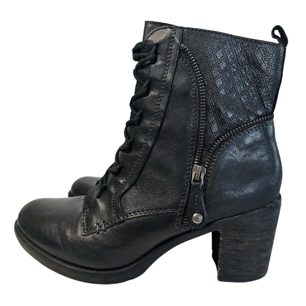 Earth Missoula Black Leather Lace Up‎ Ankle Boots Size 9 B Side Zip Stacked Heel